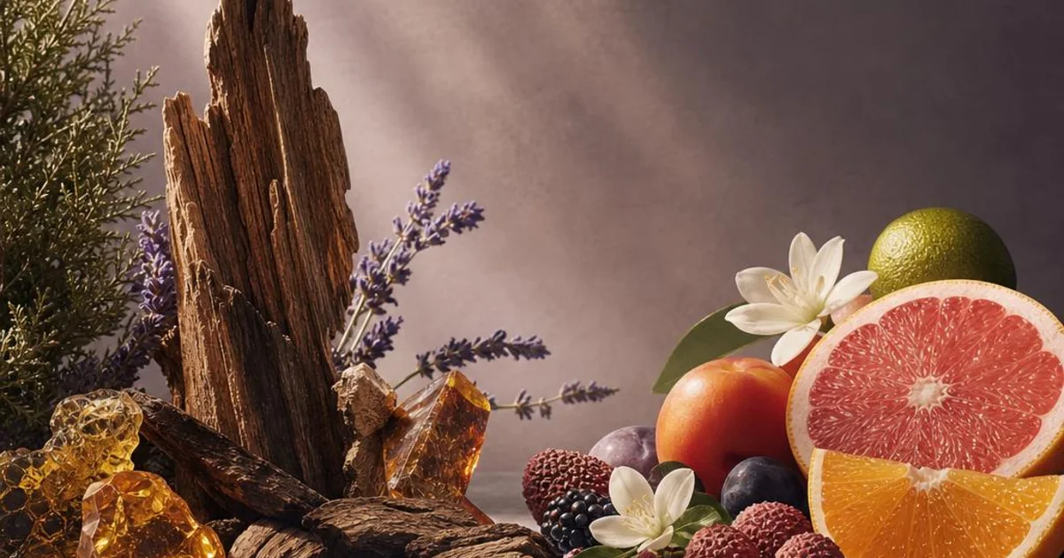 A split still life comparing amber resin and woods with bright citrus and ripe fruit.