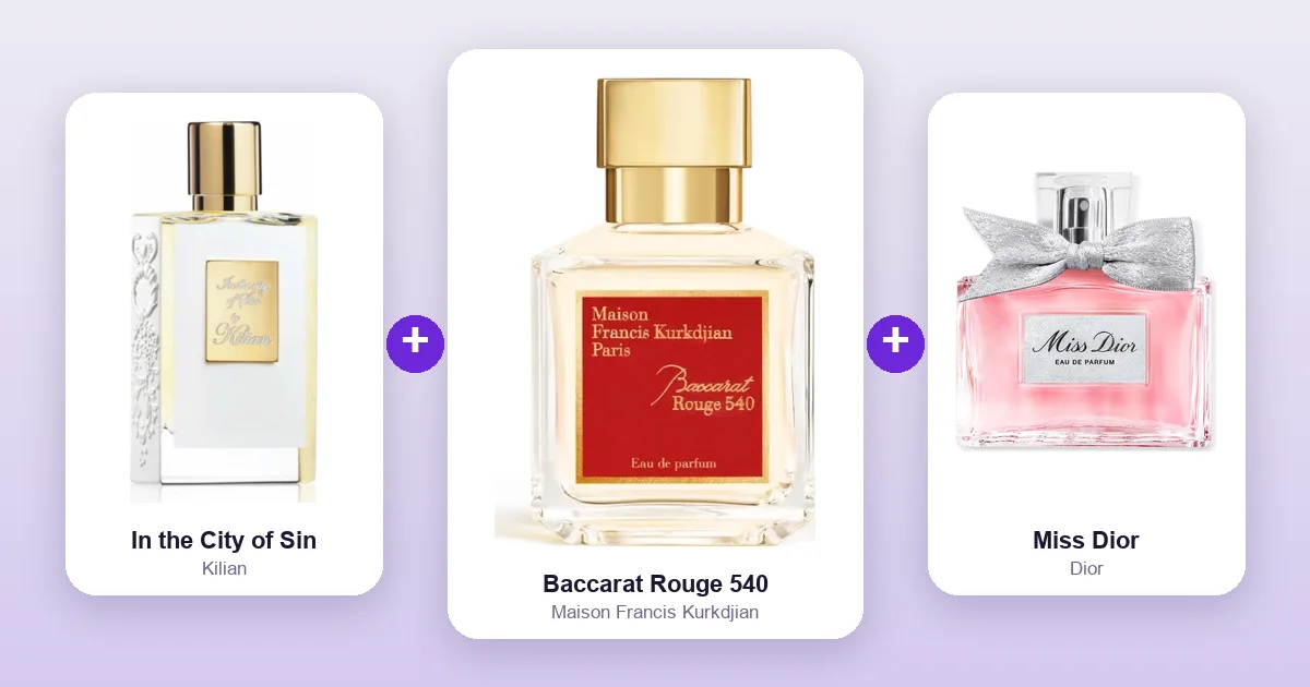 Maison Francis Kurkdjian Baccarat Rouge 540 bottle between Kilian In the City of Sin and Dior Miss Dior, two of its best layering matches.