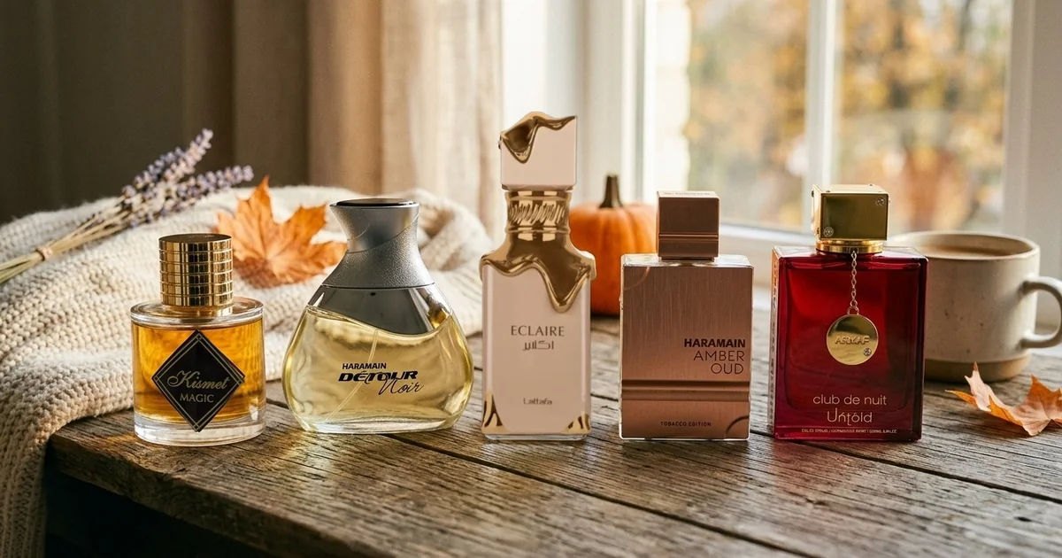 Maison Alhambra Kismet Magic, Al Haramain Detour Noir, Lattafa Eclaire, Al Haramain Amber Oud Tobacco Edition and Armaf Club de Nuit Untold on a wooden table with a knit sweater, maple leaves and a pumpkin.
