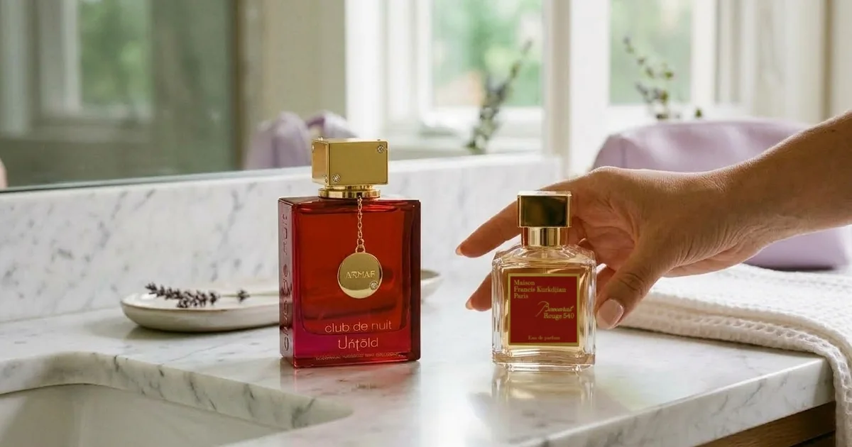 Armaf Club de Nuit Untold and Maison Francis Kurkdjian Baccarat Rouge 540 side by side on a marble bathroom counter as a hand reaches for Baccarat Rouge 540.