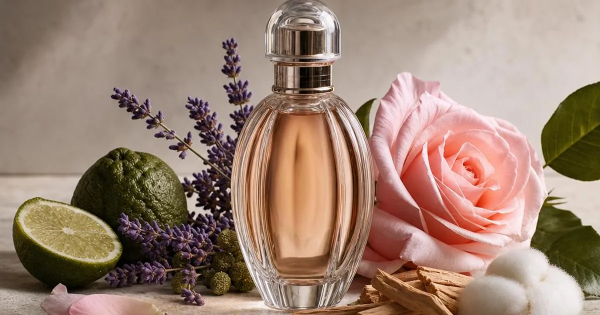 An unbranded perfume bottle framed by rose, bergamot, sandalwood, and soft clean-musk materials.