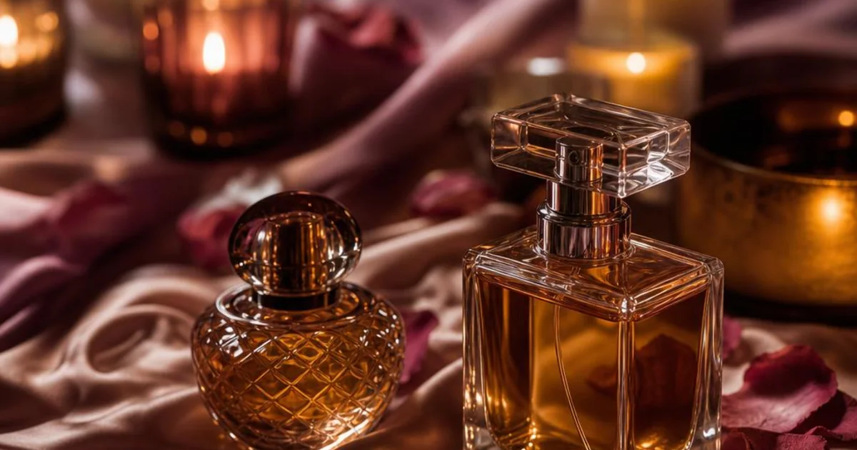 Rose petals, amber glass, silk, and candlelight arranged for an intimate fragrance moment.