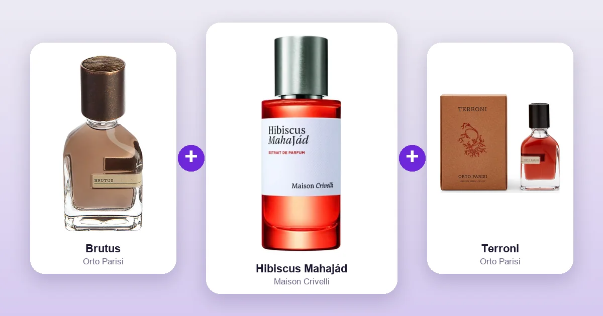 Maison Crivelli Hibiscus Mahajád bottle between Orto Parisi Brutus and Orto Parisi Terroni, three of the longest-lasting fragrances in the SCNTMIX catalog.