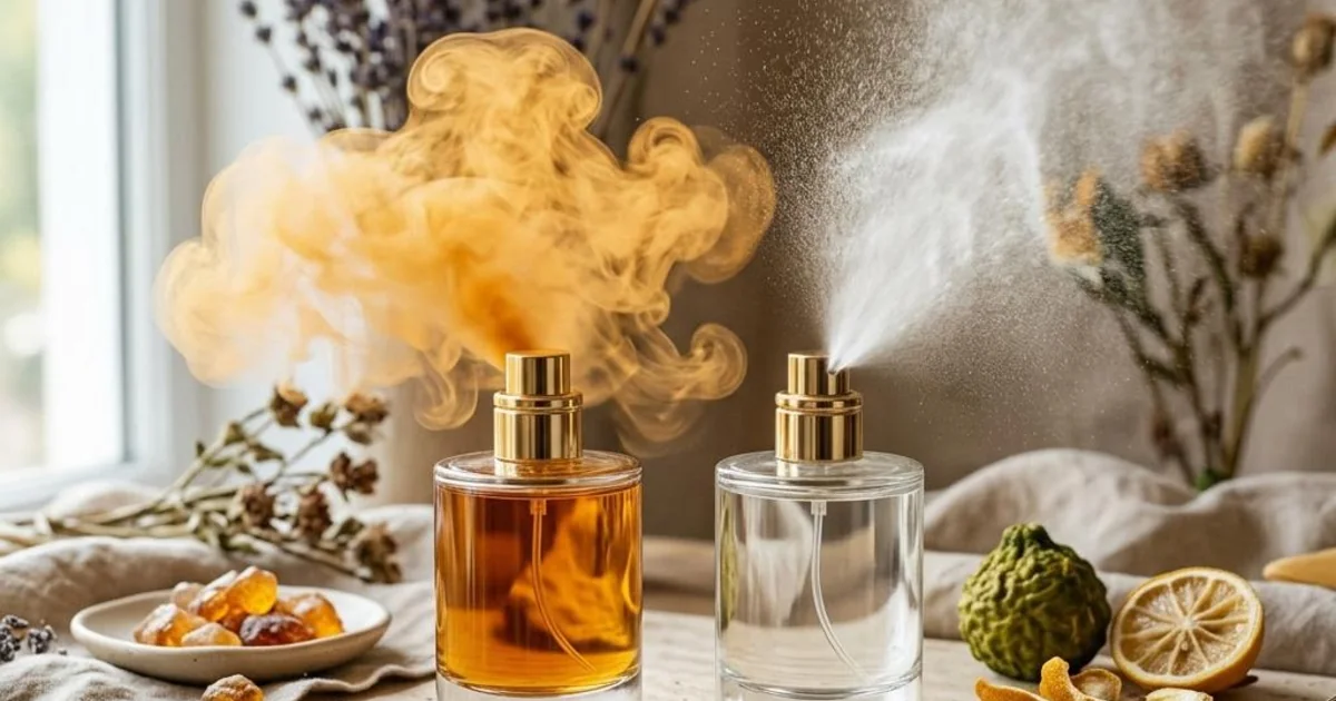 Two unbranded bottles contrasting dense amber perfume mist with airy citrus fragrance mist.