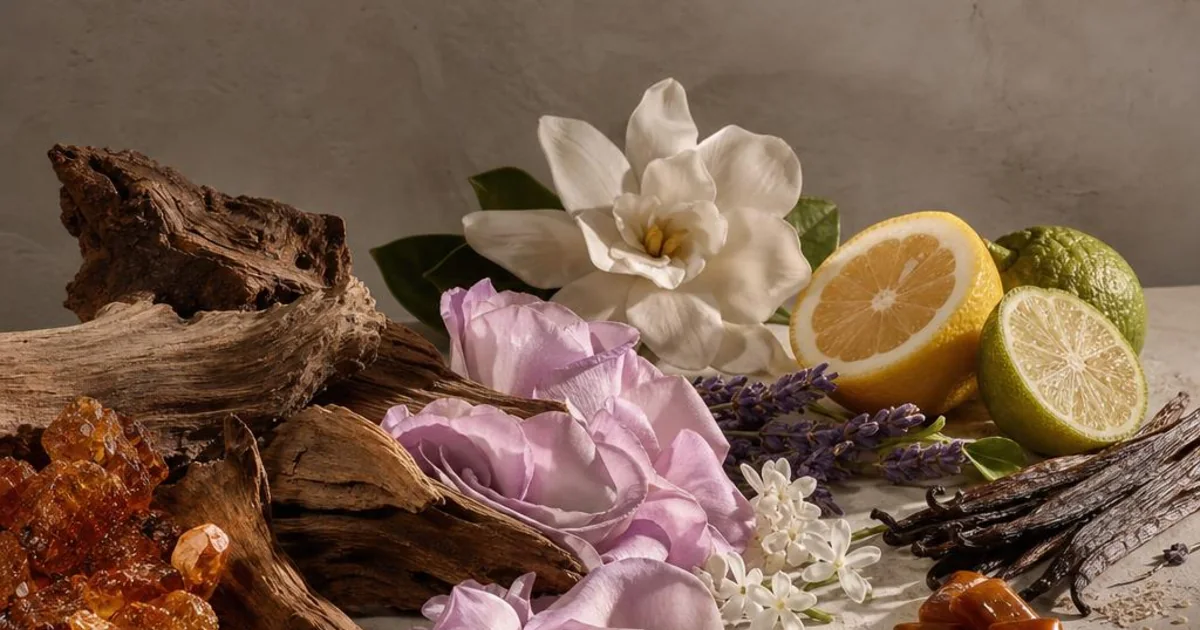 Floral petals, dry woods, amber resin, fresh citrus, and vanilla materials grouped into fragrance families.