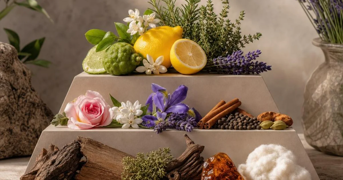 Citrus, flowers, spices, woods, amber, and musk arranged in a three-level fragrance-note composition.