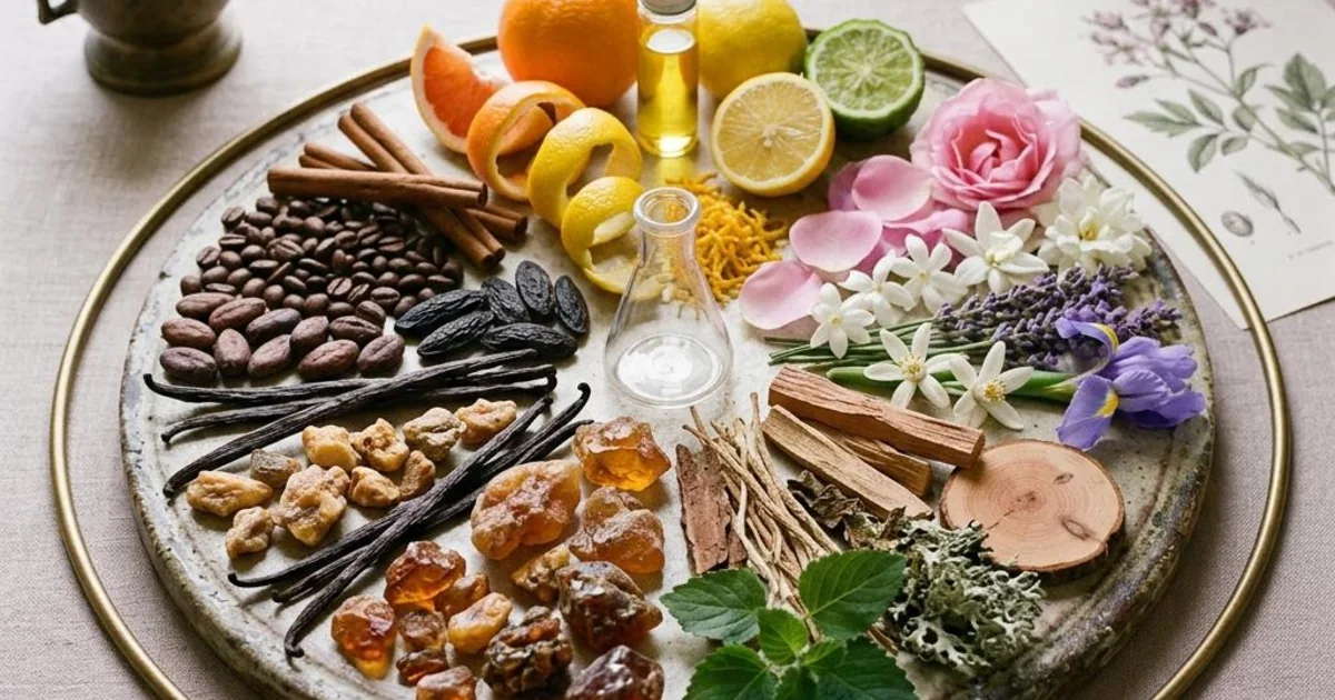 A circular arrangement of citrus, floral, woody, amber, and gourmand scent materials.