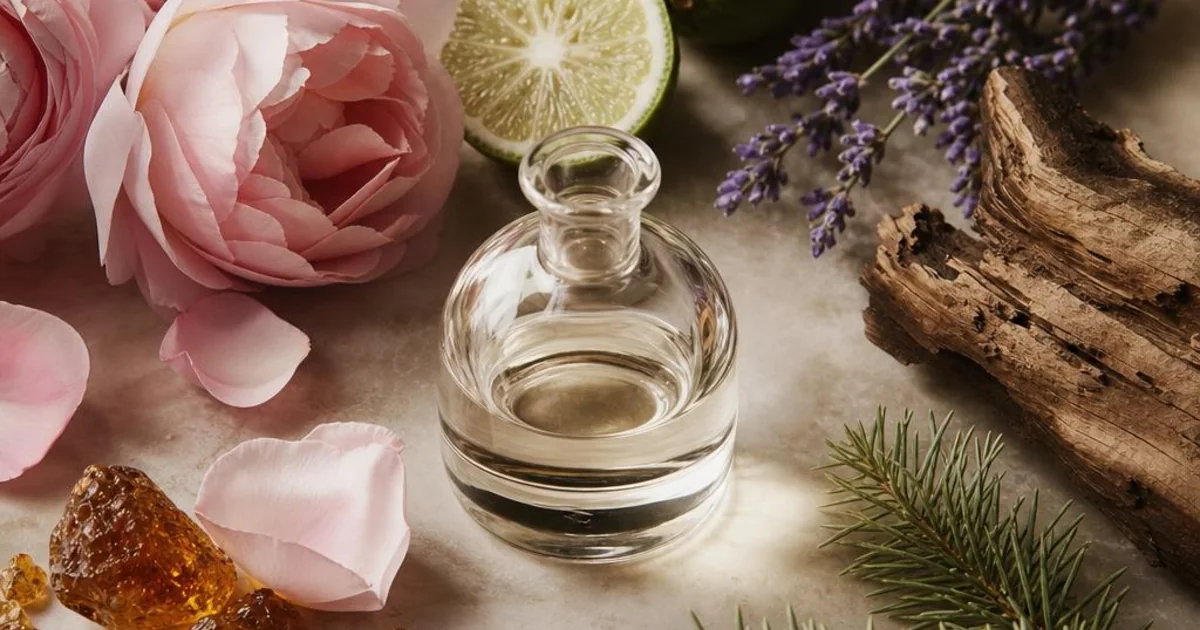 Rose petals, bergamot, cedar, and amber converging around a clear glass vessel.
