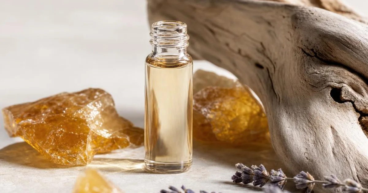 Translucent amber crystals, pale driftwood, and a minimal glass scent vial in clean light.