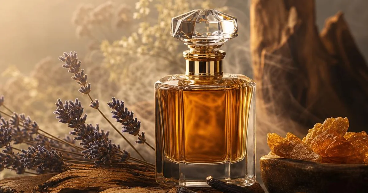 A richly concentrated amber perfume bottle with dense luminous mist and warm gold glass.