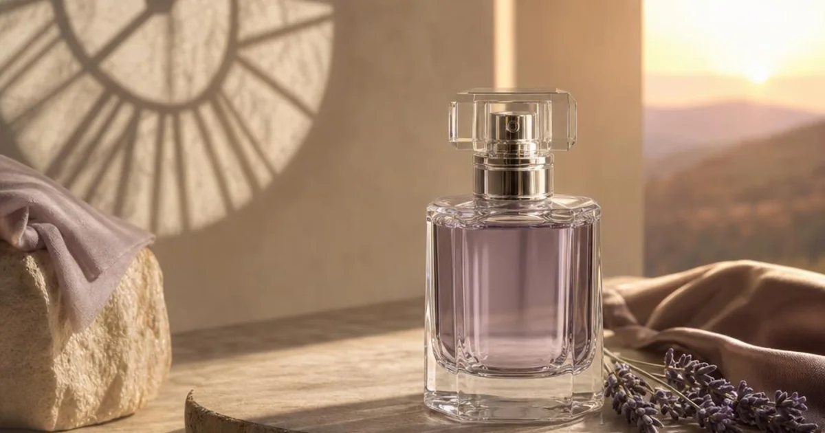 A perfume bottle beside a clock shadow with light shifting from morning to evening.