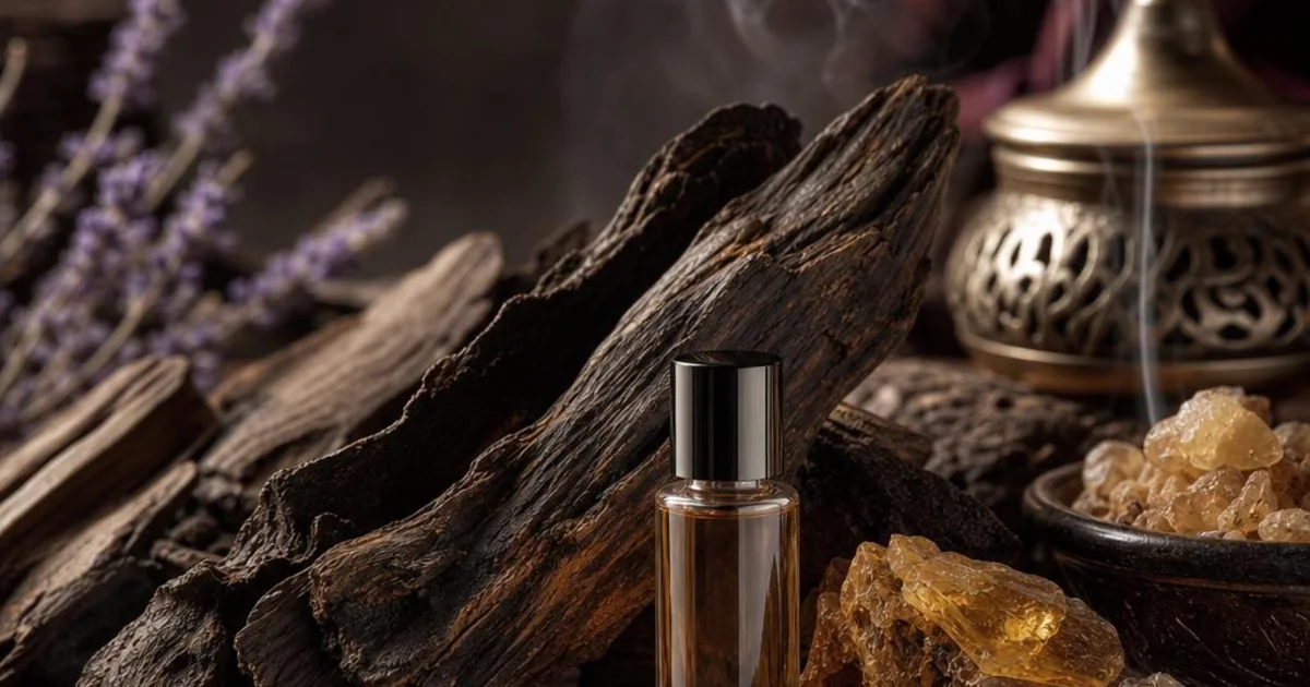 Dark agarwood chips, warm resin, and delicate incense smoke around a small perfume vial.