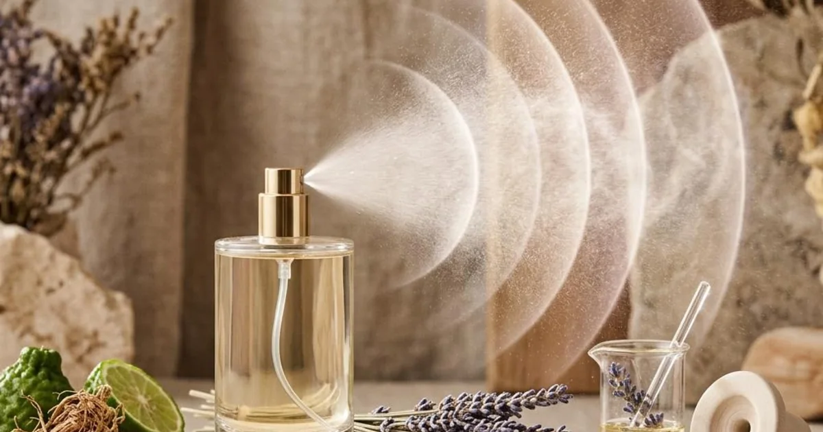 A fine perfume mist radiating outward in translucent concentric layers from an unbranded bottle.