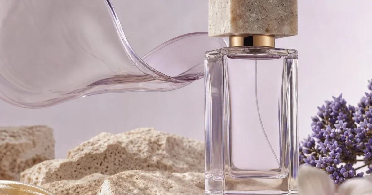 An elegant perfume bottle with a soft visible fragrance ribbon travelling through open space.