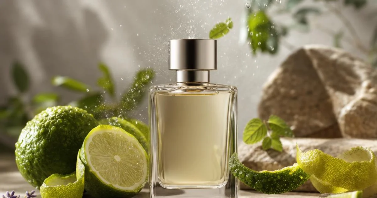 Bright bergamot peel, mint, and airy citrus mist lifting above a perfume bottle.