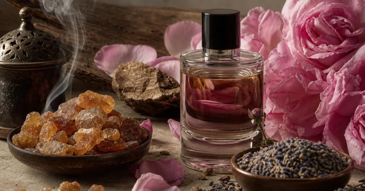 Ancient incense, myrrh resin, rose petals, and a modern glass perfume bottle.