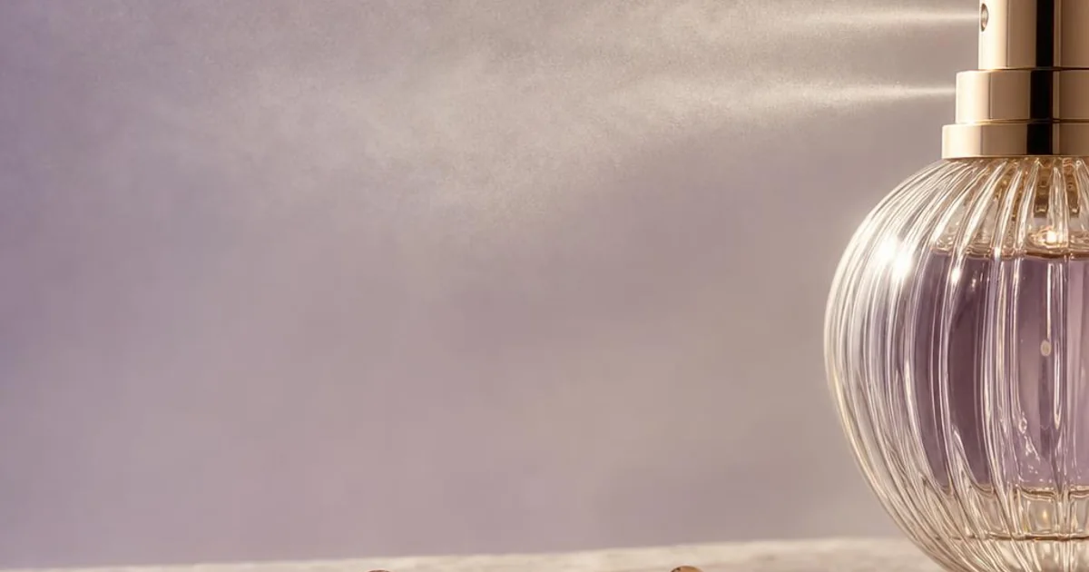 A perfume atomizer releasing three delicate mist clouds over a pale stone surface.