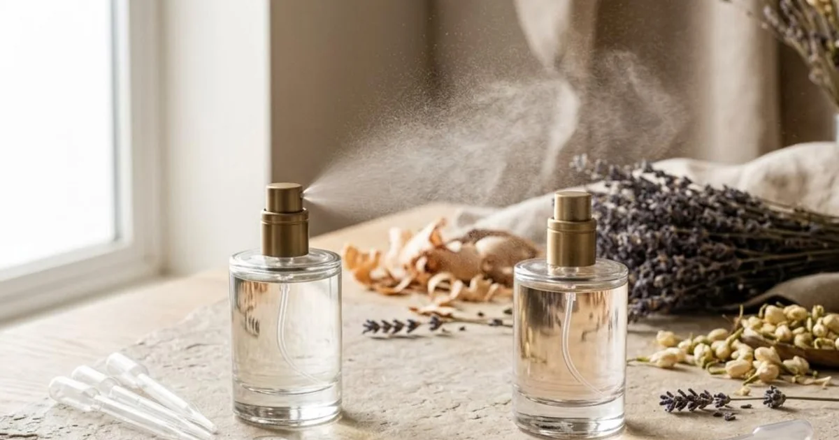 Two unbranded perfume atomizers and measured droplets illustrating fragrance spray ratios.
