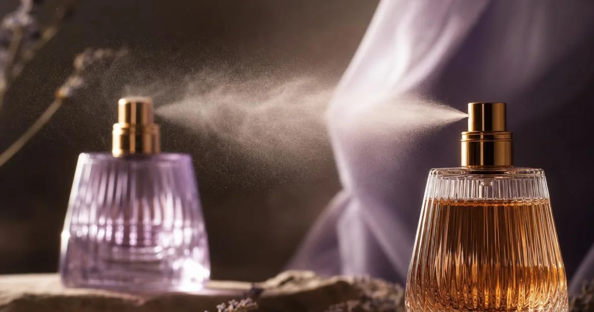 Two unbranded perfume bottles releasing a fine fragrance mist over lavender and warm stone.
