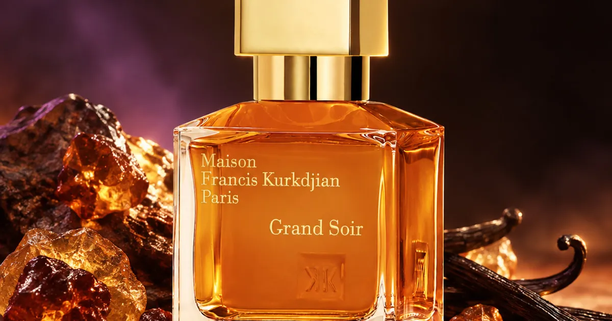 An amber perfume bottle resting in soft, low light beside resin and vanilla pods.