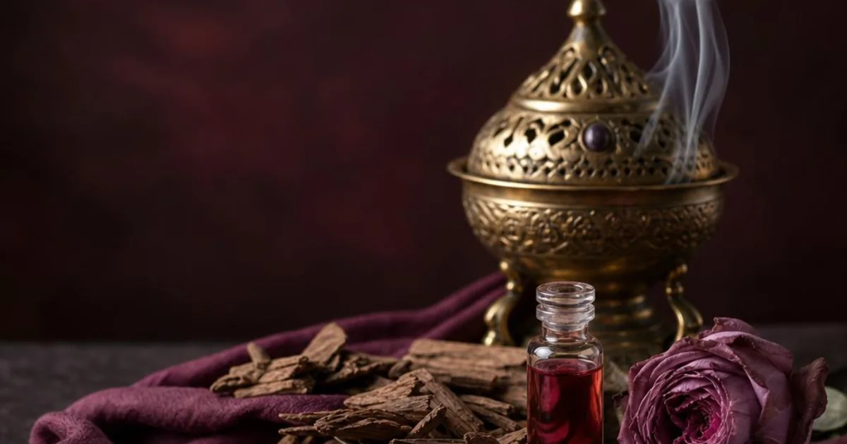 Oud wood, rose attar, and a brass incense burner with delicate bakhoor smoke.