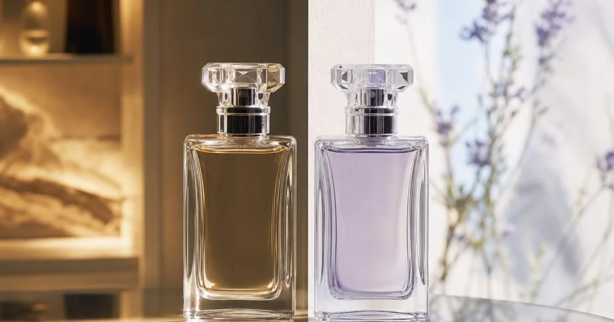 Two unbranded perfume bottles with mirrored reflections in contrasting boutique and daylight lighting.