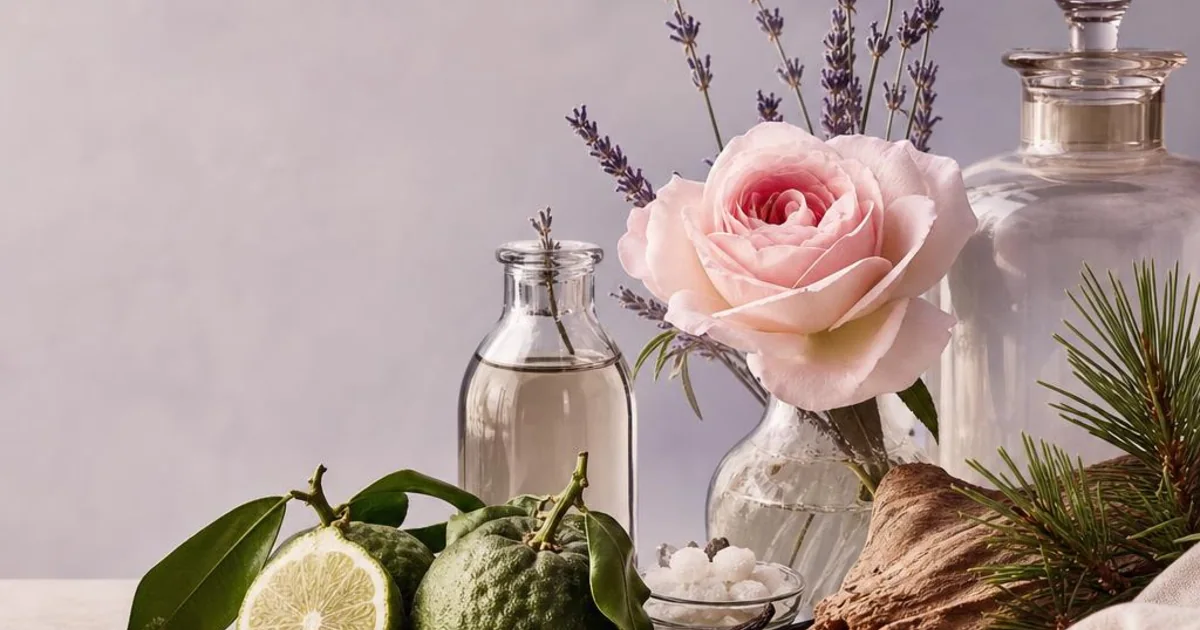 Bergamot, rose, vanilla, cedar, and translucent glass vessels in an editorial fragrance composition.