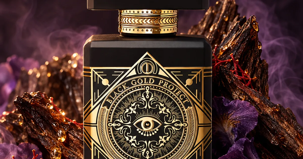 A black and gold perfume bottle surrounded by pieces of oud wood and saffron threads.