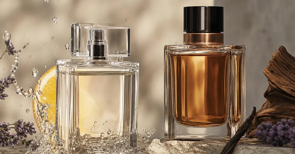 A fresh citrus cologne bottle paired with a denser amber perfume bottle in a comparison still life.