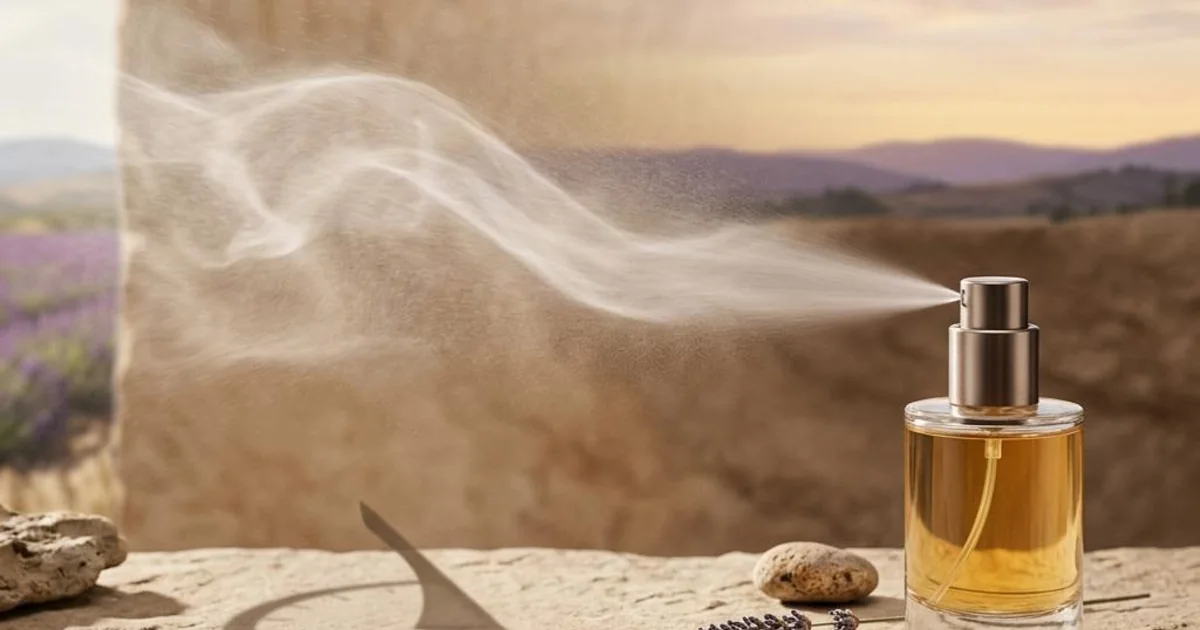 A perfume atomizer releasing a long scent trail across a day-to-evening background.