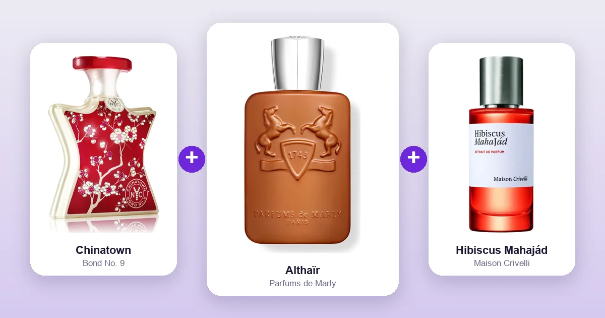 Parfums de Marly Althaïr bottle shown between Bond No. 9 Chinatown and Maison Crivelli Hibiscus Mahajád, two of its best layering matches.