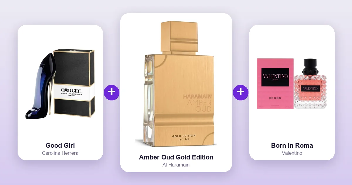 Al Haramain Amber Oud Gold Edition bottle shown between Carolina Herrera Good Girl and Valentino Born in Roma, two of its best layering matches.