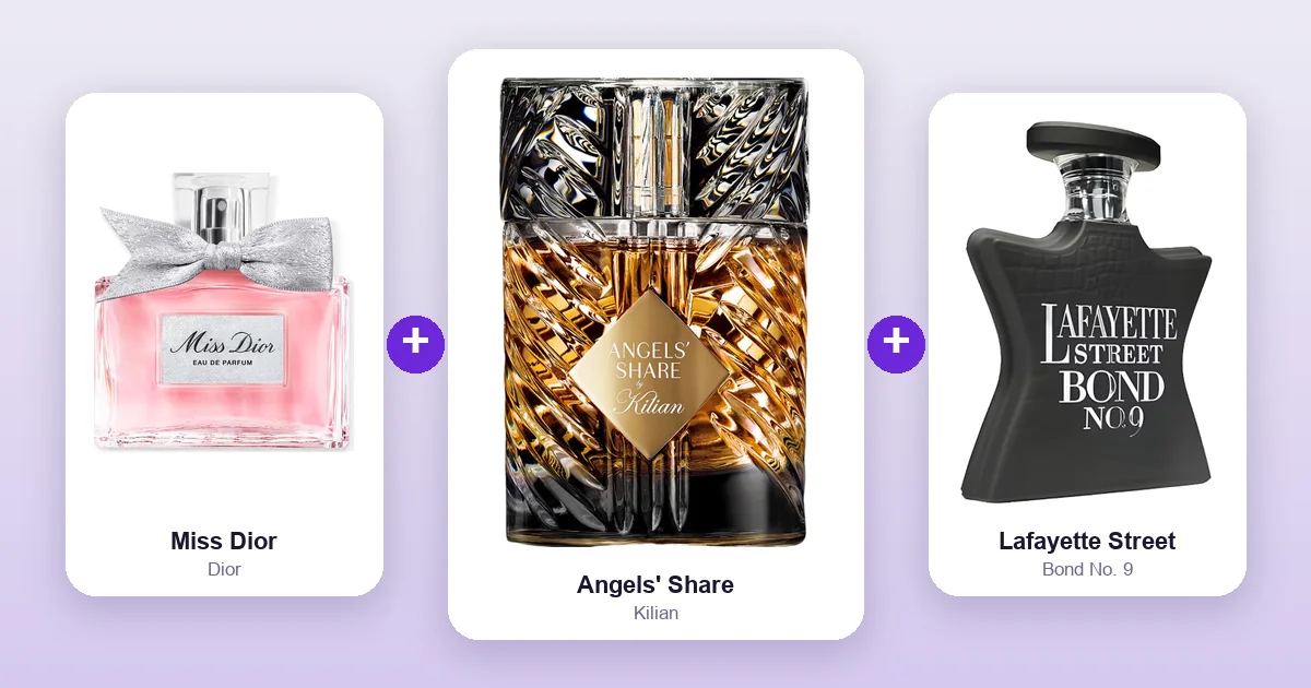 Kilian Angels' Share bottle shown between Dior Miss Dior and Bond No. 9 Lafayette Street, two of its best layering matches.