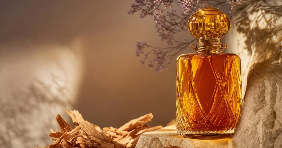 Amber perfume bottle surrounded by saffron threads, cedar shavings, and glowing amber resin.
