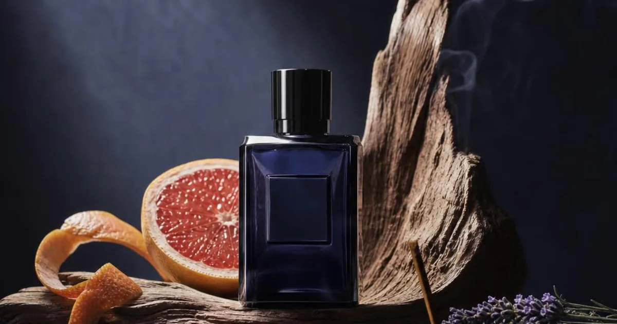Grapefruit, polished cedar, and soft incense smoke with deep navy glass details.