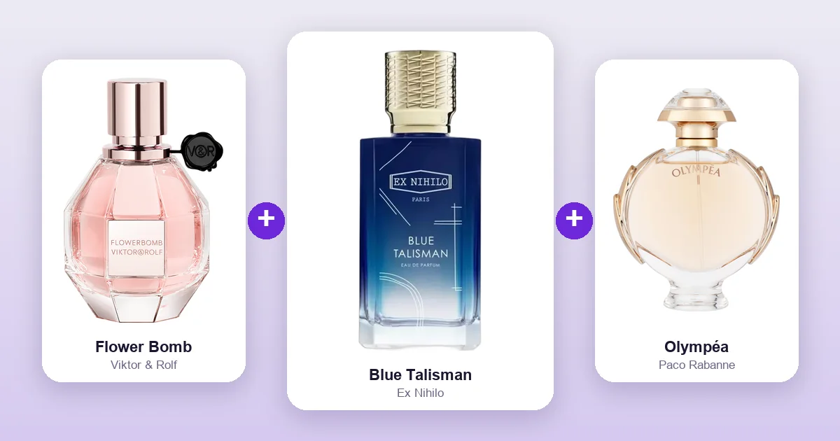 Ex Nihilo Blue Talisman bottle shown between Viktor & Rolf Flowerbomb and Paco Rabanne Olympéa, two of its best layering matches.