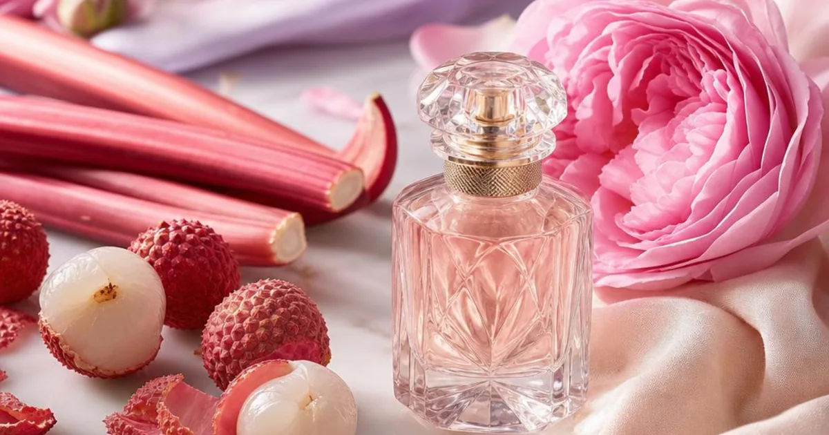 Pink Turkish roses, lychee, rhubarb, and pale cashmere surrounding a blush glass perfume detail.