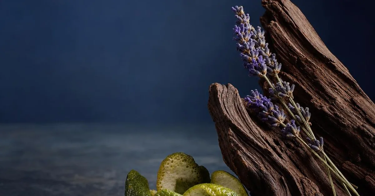 Bergamot, black pepper, lavender, and dark cedar against a twilight-blue fragrance backdrop.