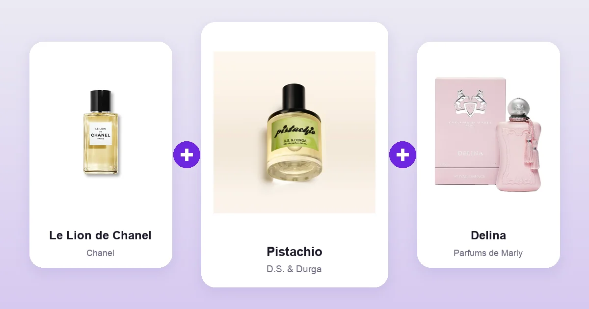 D.S. & Durga Pistachio bottle shown between Chanel Le Lion de Chanel and Parfums de Marly Delina, two of its best layering matches.