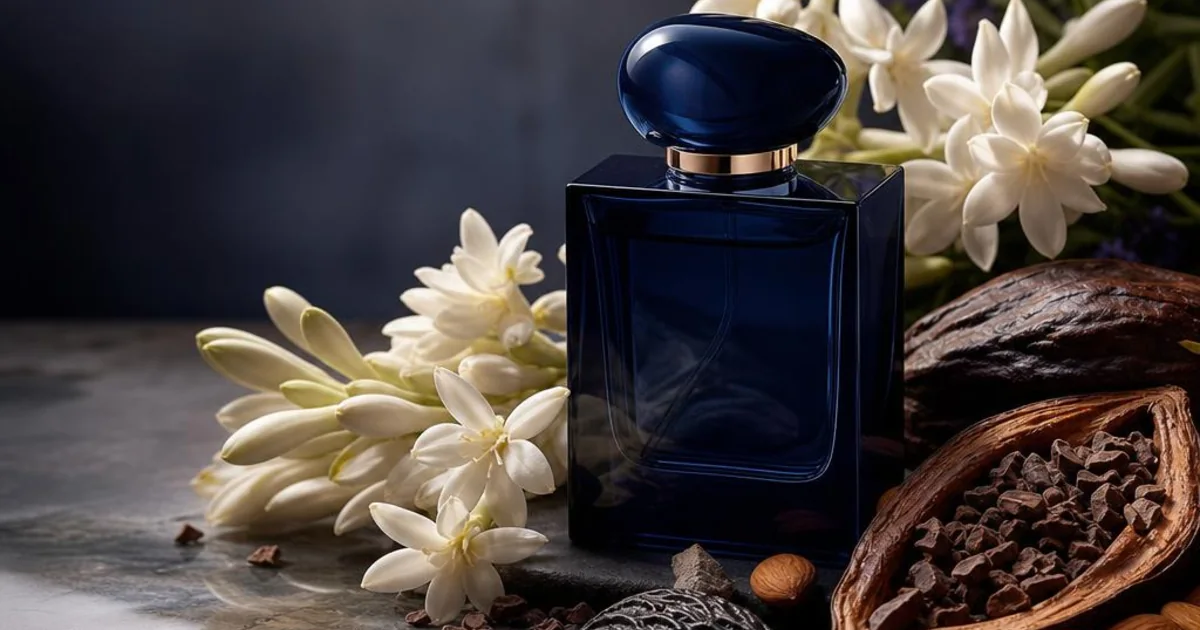 White tuberose, jasmine, cacao nibs, almond, and tonka bean arranged against midnight-blue glass.