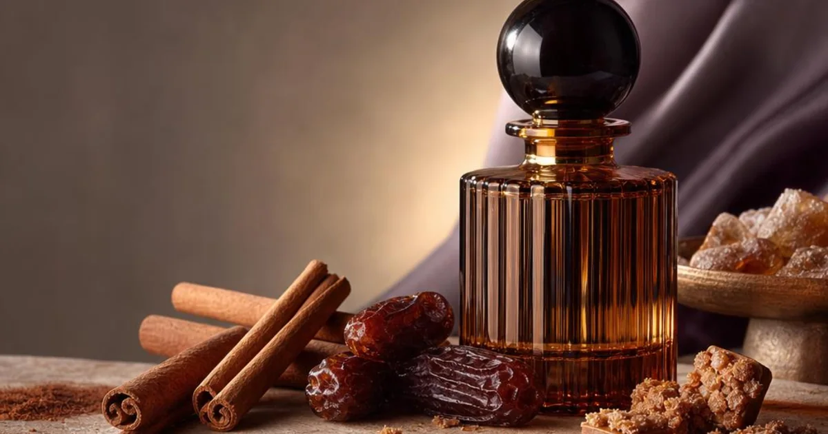 Cinnamon sticks, dates, praline, vanilla, and warm amber glass arranged as a fragrance still life.
