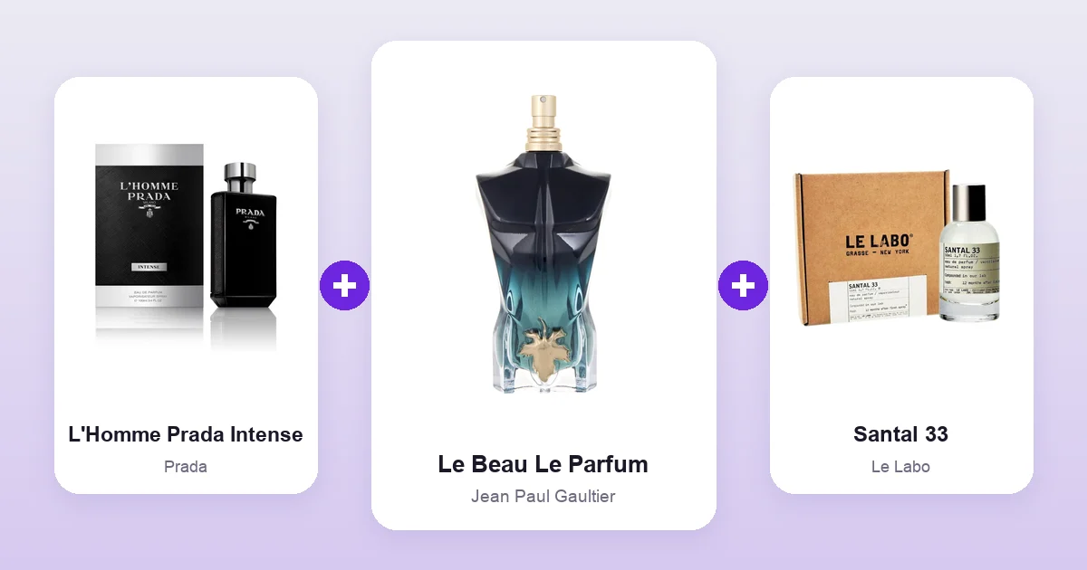 Jean Paul Gaultier Le Beau Le Parfum bottle shown between Prada L'Homme Prada Intense and Le Labo Santal 33, two of its best layering matches.