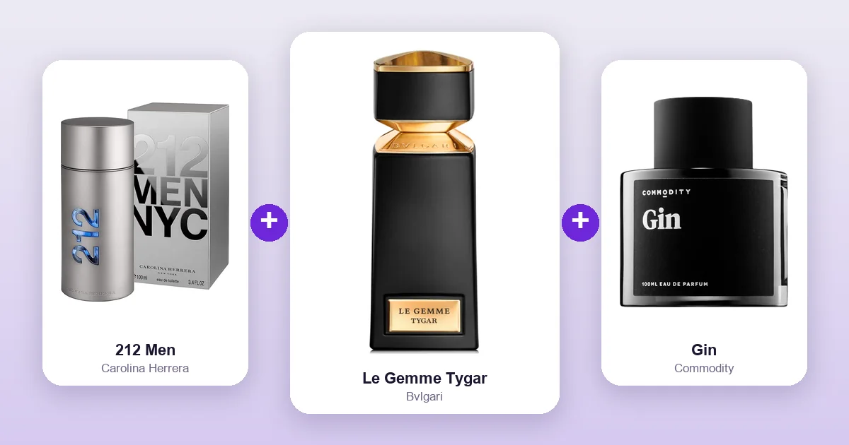 Bvlgari Le Gemme Tygar bottle shown between Carolina Herrera 212 Men and Commodity Gin, two of its best layering matches.