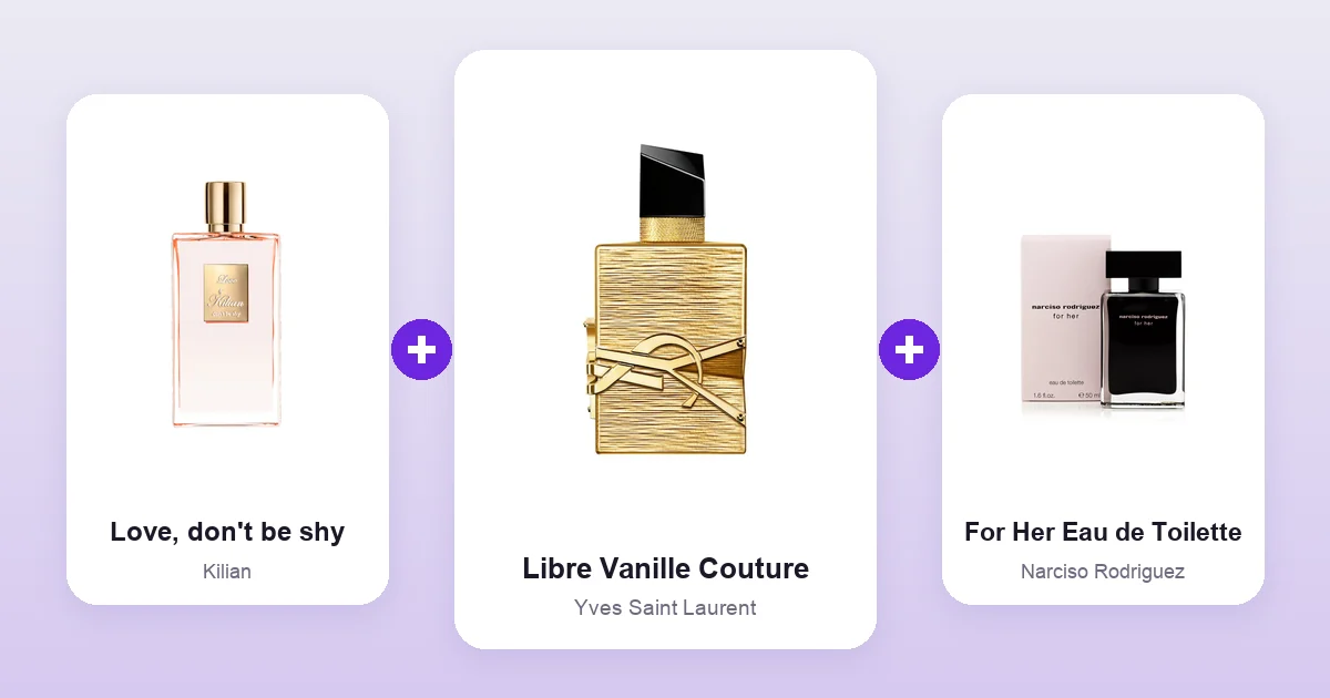 Yves Saint Laurent Libre Vanille Couture bottle shown between Kilian Love, don't be shy and Narciso Rodriguez For Her Eau de Toilette, two of its best layering matches.