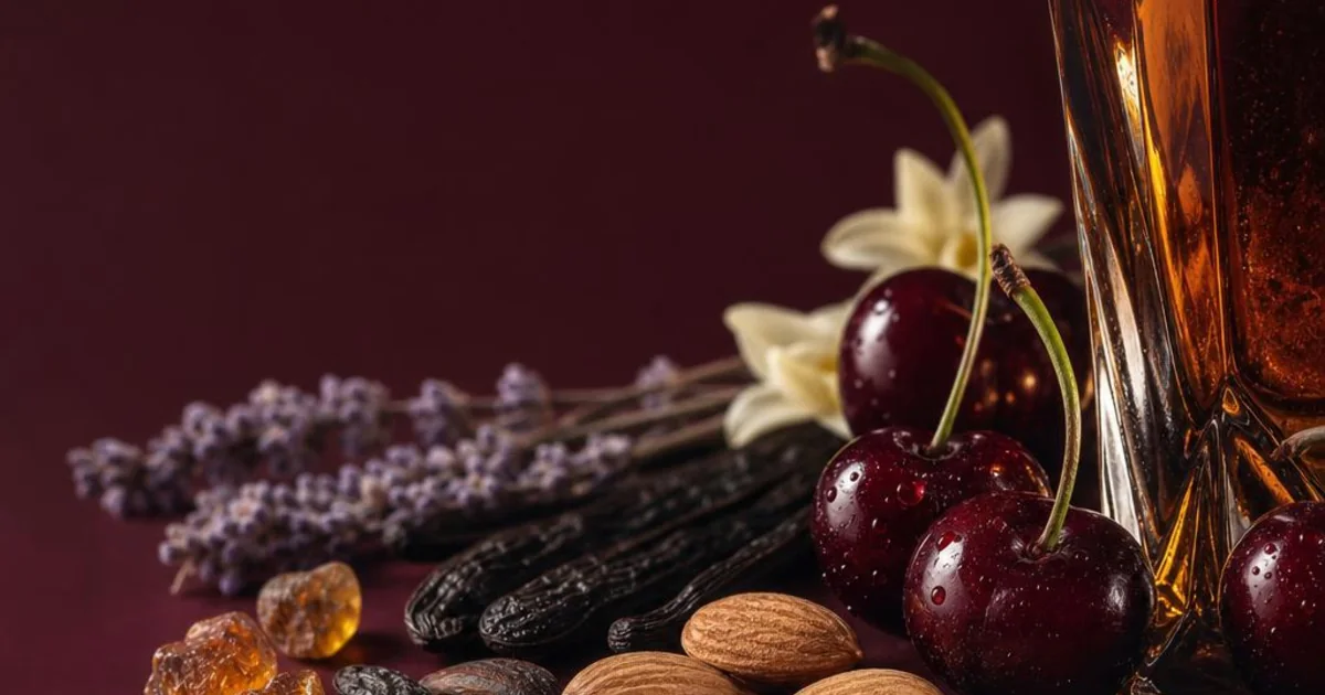 Dark cherries, bitter almond, tonka bean, vanilla, and amber glass on a deep burgundy surface.