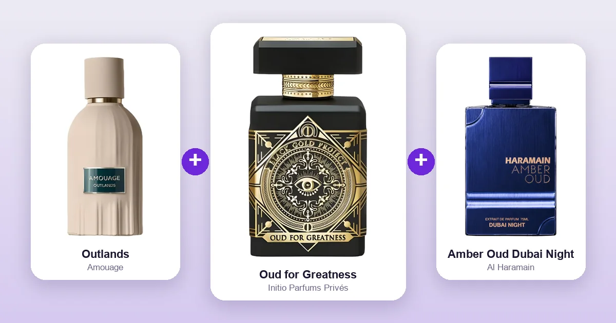 Initio Oud for Greatness bottle shown between Amouage Outlands and Al Haramain Amber Oud Dubai Night, two of its best layering matches.