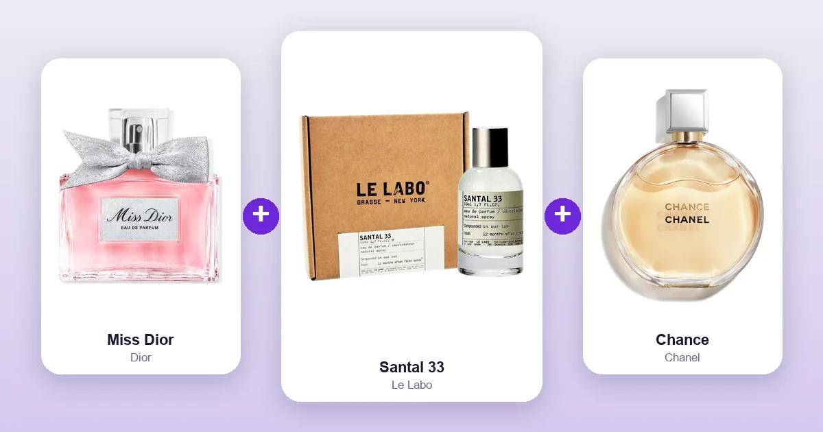 Le Labo Santal 33 bottle shown between Dior Miss Dior and Chanel Chance, two of its best layering matches.