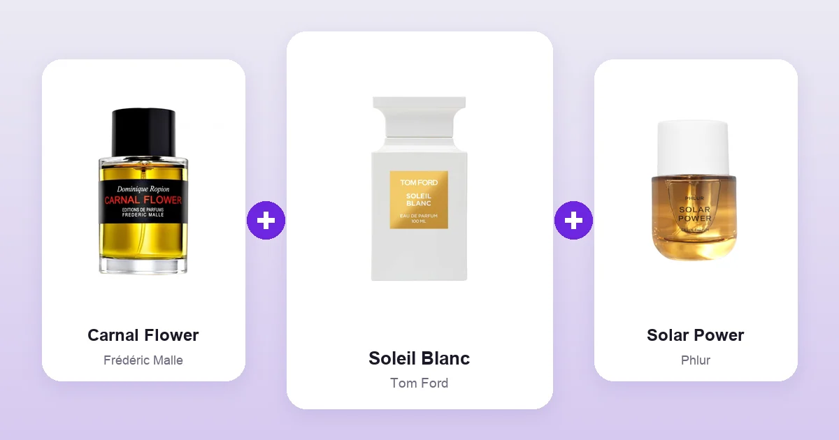 Tom Ford Soleil Blanc bottle shown between Frédéric Malle Carnal Flower and Phlur Solar Power, two of its best layering matches.