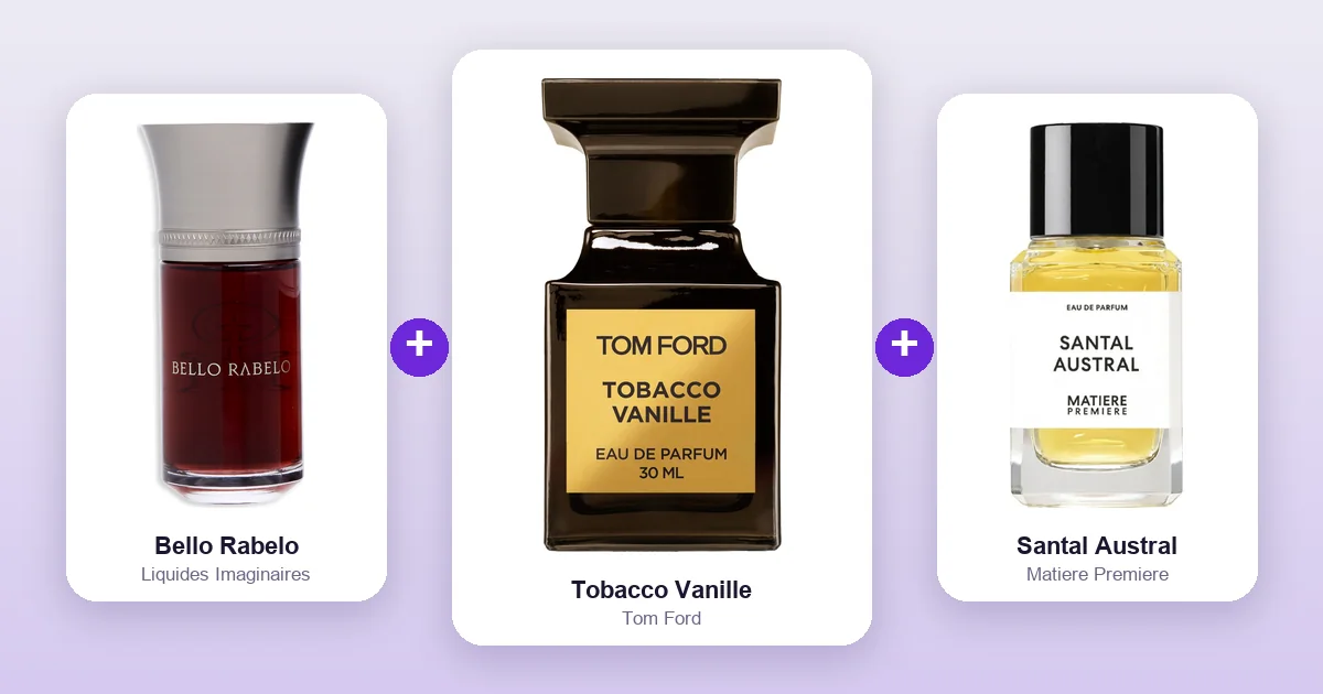 Tom Ford Tobacco Vanille bottle shown between Liquides Imaginaires Bello Rabelo and Matiere Premiere Santal Austral, two of its best layering matches.