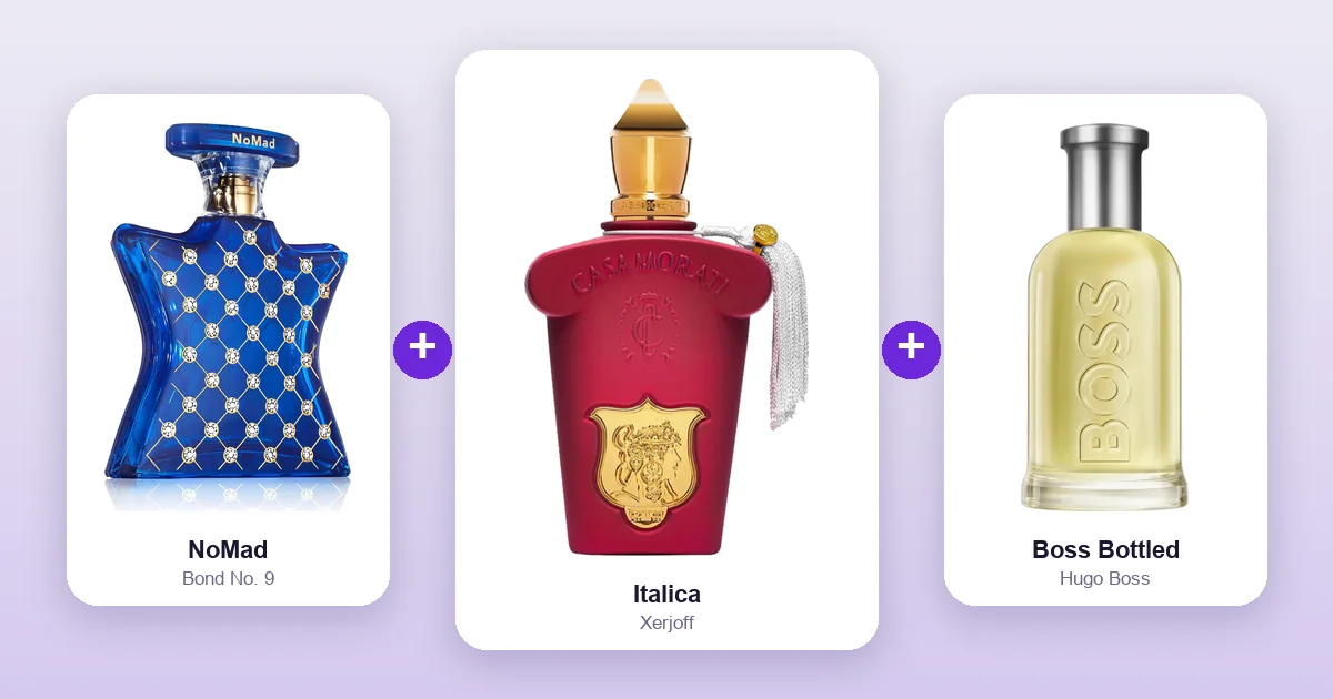 Xerjoff Italica bottle shown between Bond No. 9 NoMad and Hugo Boss Boss Bottled, two of its best layering matches.